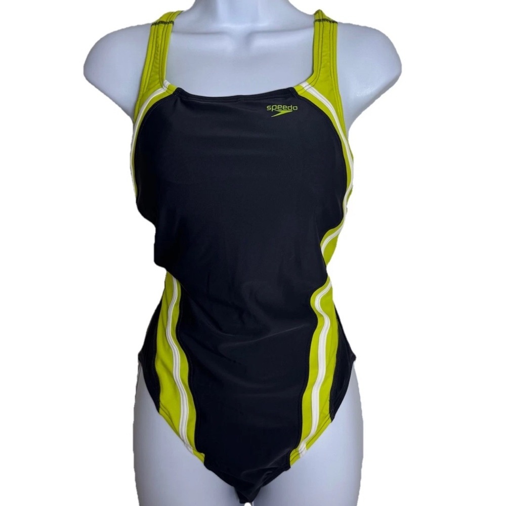 Speedo Racerback Hydro Bra Team One Piece Swimsuit Size 12 Dark Gray Neon Green